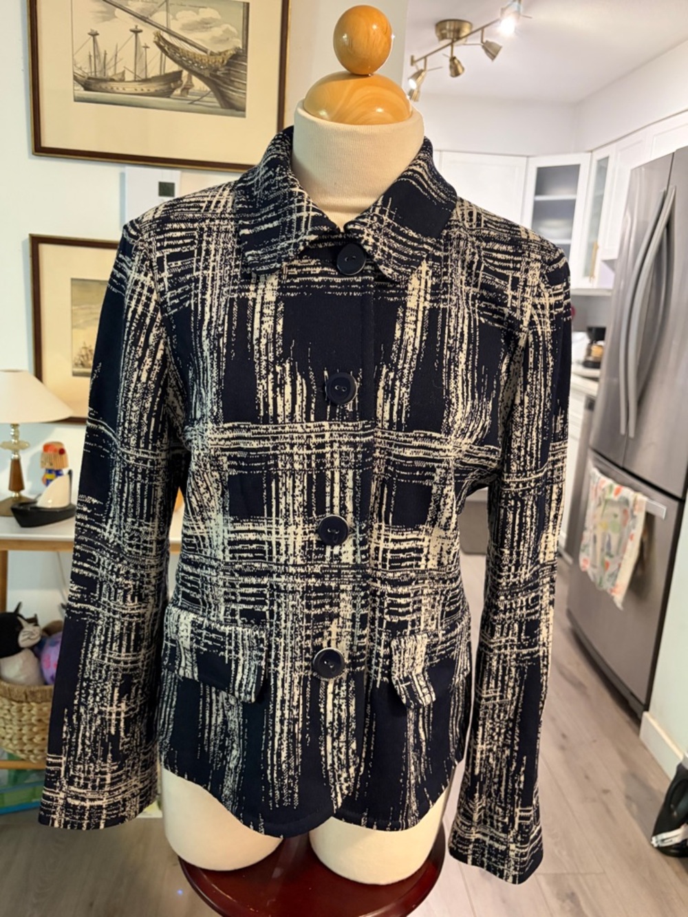 St. John Black and White Textured Knit Button Front Jacket
